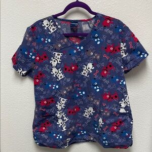 Zoe Chloe Dog Print Women’s Large Blue Cotton Scrub Top